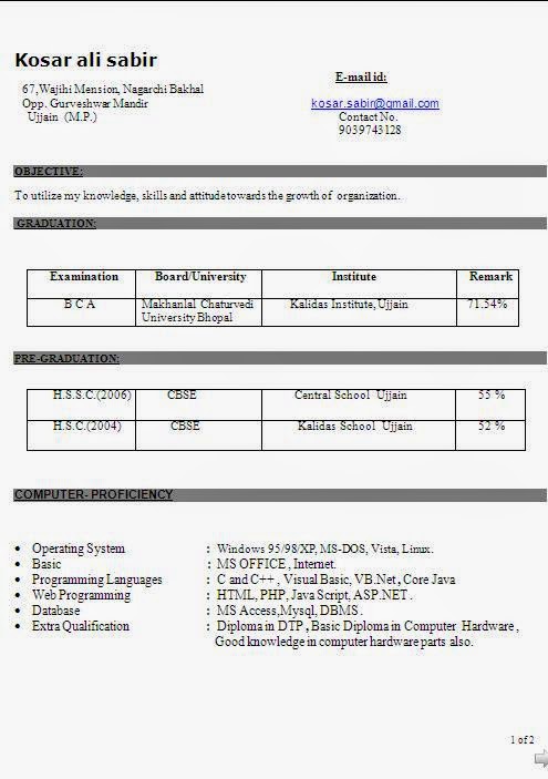 Resume format for campus placement